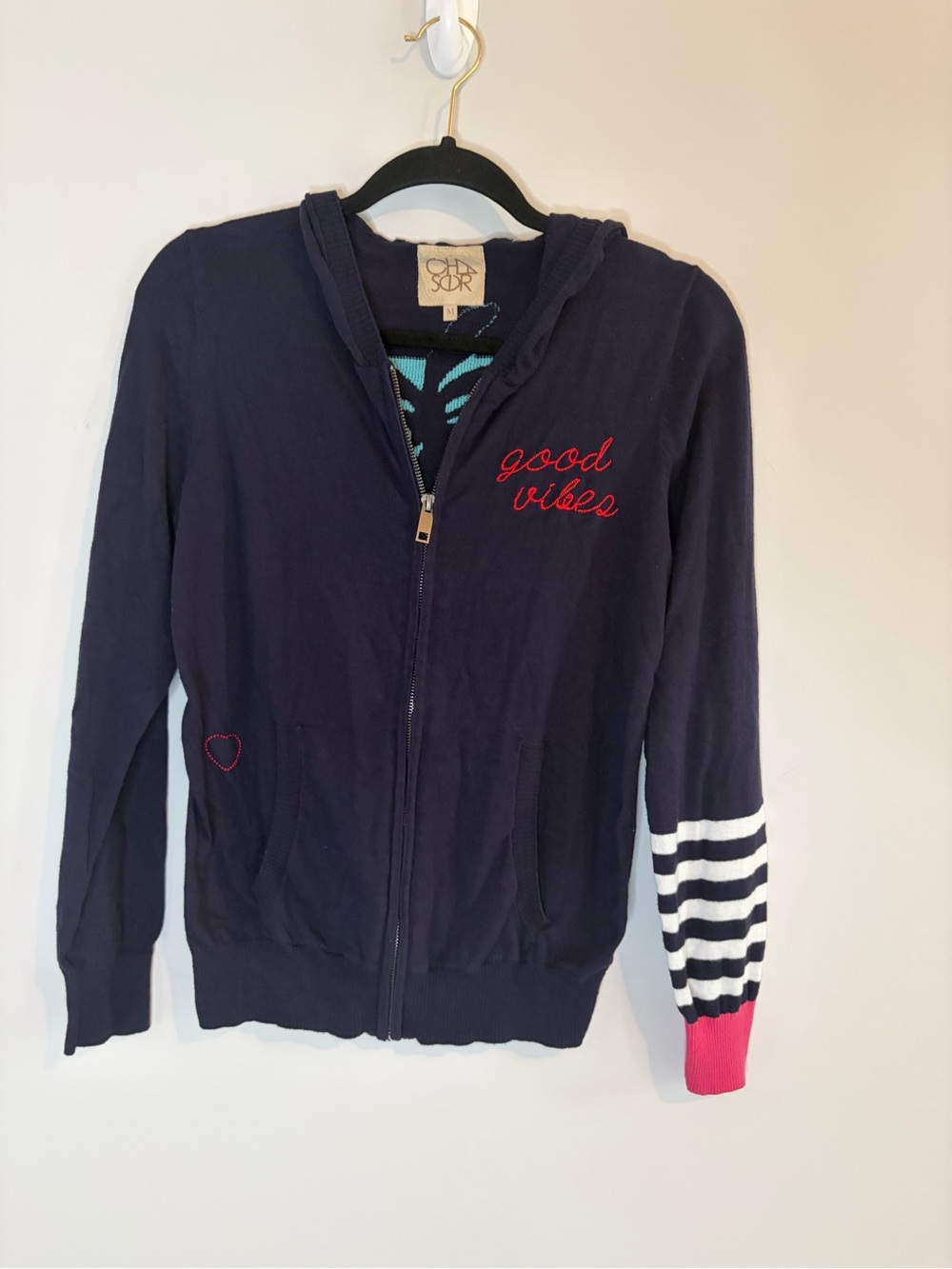 Chaser “Good Vibes” Navy Hoodie with Red Embroidery, Palm tree and Pink Cuff